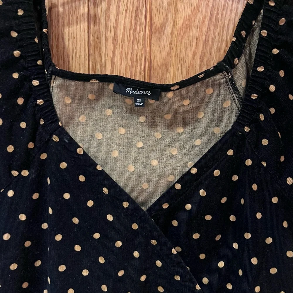 Madewell Corduroy Puff-Sleeve Button Wrap Top Black in‎ Tan Oval Dot Size XS
